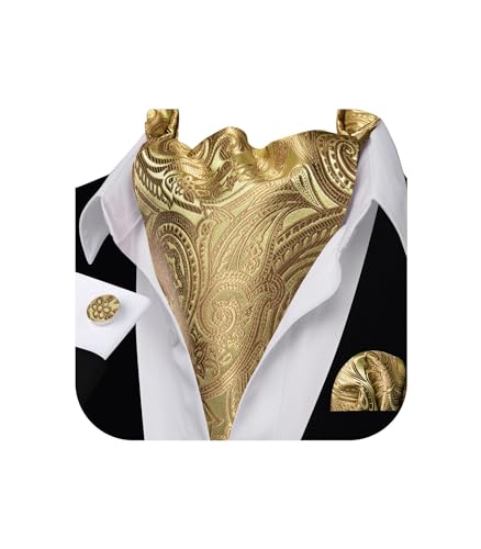Image of Barry.Wang Ascot Ties Cravat Tie Men Paisley Plaid Scarf Self Tie Pocket Square Cufflinks Set Wedding Party