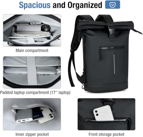 Lekeinchi Rolltop Rucksack Wasserdicht für Damen & Herren, Großer Laptop Rucksack mit Computerfach für 17 Zoll Laptop, Elegant Reiserucksack Daypack für Reisen, Radfahren, Uni Schule--Schwarz