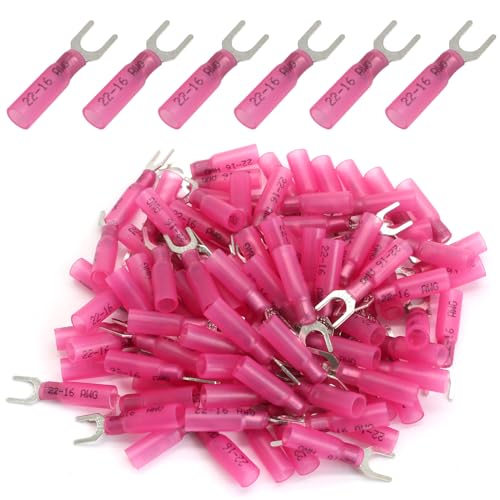 Hordion 100PCS 22-16 AWG Fork Connector, 10 Red Heat Shrink Fork Terminals Waterproof and Insulated Electrical Crimp Connectors for Boat Truck Stereo