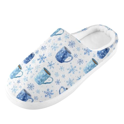 Fuzzy Memory Foam Slippers for Women/Men Snowflakes Coffee Cup Pattern Fluffy Winter House Shoes Indoor and Outdoor