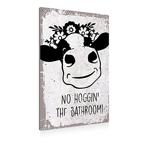 Funny No Hoggin The Bathroom Cow Flower Bathroom Metal Tin Sign Wall Decor Vintage Bathroom Tin Sign for Toilet Restroom Washroom Decor Gifts