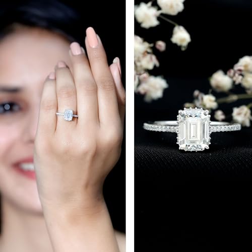 Certified Moissanite 6X8mm Emerald Cut Engagement Ring in Silver, D-Vs1 Quality, Moissanite Solitaire Ring - Gift For Her2