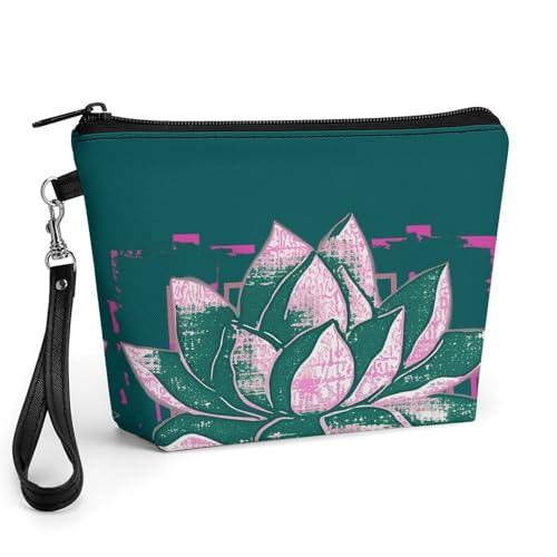Bolsa de maquillaje de piel sintética con cremallera y diseño de flor de loto