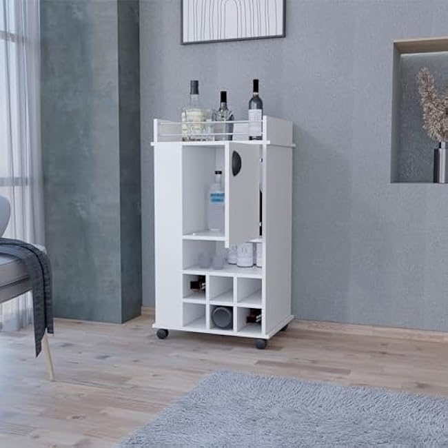 1-Door Bar Cart with Wine Rack and Casters,for Kitchen(White)-tbMBz63N