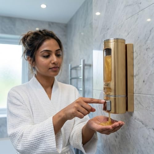Image of ALTURAS Wall Mounted Liquid Soap Dispenser, ABS, 400 ML, for Shampoo, Sanitizer and Gel Handwash Dispenser (400 ML Gold and Black)