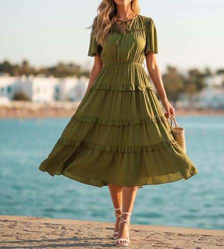 Image of Women's Short Sleeve Summer Boho Pleated Rayon Mid Dresses with Pockets for Wedding Guest