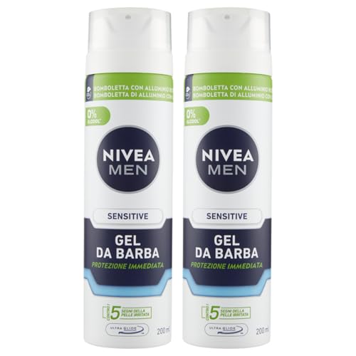 Gel Da Barba SENSITIVE, Protezione Immediata, Contro i 5 Segni Della Pelle Irritata. 0% Alcool 200ml (2 Bombolette)