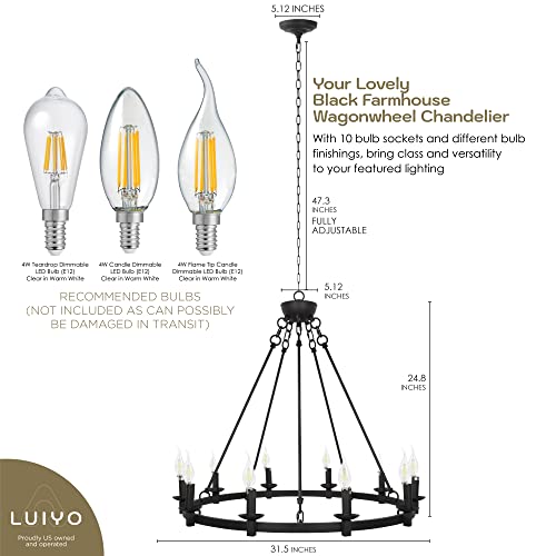 Wagon Wheel Chandelier With 10-Light Candlestick Socket, Black Farmhouse -Rustic Vintage Round Lighting Fixtures For Living Room, Dining Room, Kitchen Island, Foyer & Stairwell #TOP1