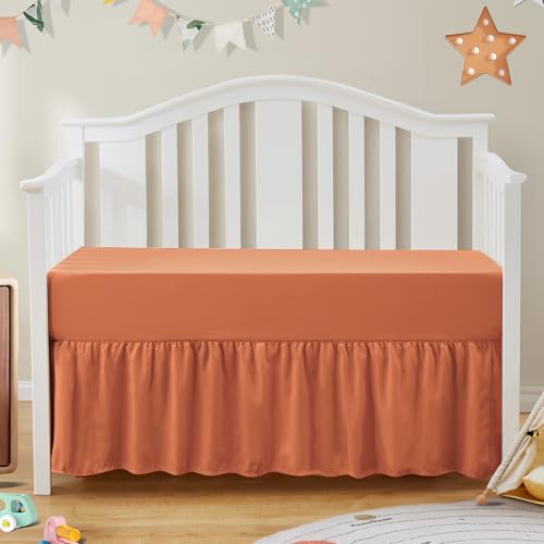 Image of SiinvdaBZX 2-Piece Set Ruffled Crib Skirt & Soft Microfiber Fitted Crib Sheet, 52"x28" + Adjustable Elastic 14" Drop, Fit for Baby Standard Crib & Nursery Toddler Bedding (Rust Orange)