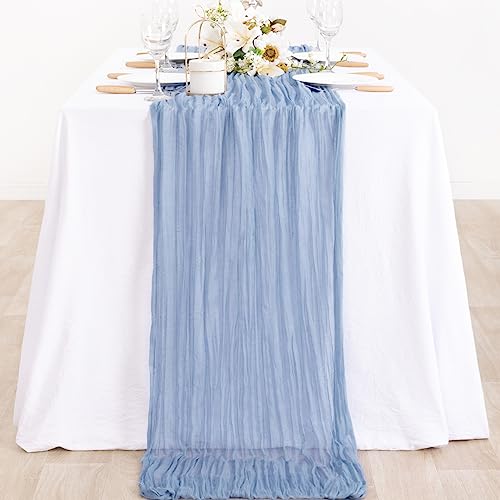 Image of MLMC 6 Pack Dusty Blue Table Runner 10ft Boho Gauze Cheesecloth Table Runner Bulk 65x120 Inches Rustic Cheese Cloth Decor for Wedding Bridal Shower Baby Shower Party Decor