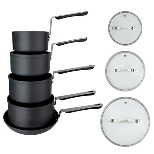 Commichef 5-Piece Cookware Set in Anodised Aluminium with Non-Stick Coating, Includes 14cm, 16cm, 18cm, 20cm Saucepans with lids & 24cm Frying Pan, Stackable Design