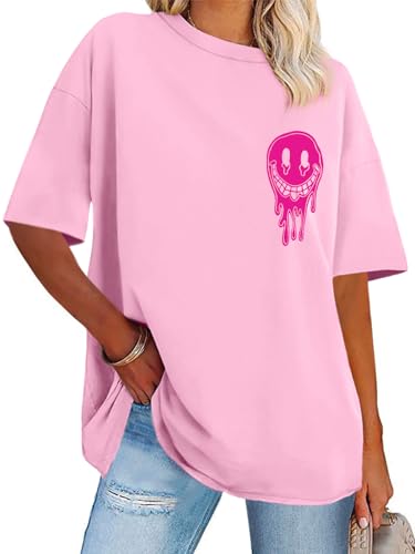 Womens Oversized Tshirt Graphic Tees Crew Neck Summer Short Sleeve Loose Fit Tops (A-Letter Print Pink, L)