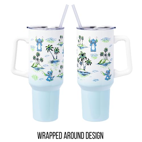 Image of Silver Buffalo Disney Lilo and Stitch Vintage Sketch Palm Trees & Flowers Double Walled Stainless Steel Tumbler with Handle and Straw, Fits in Standard Cup Holder, 40 Ounces (Pack of 12)