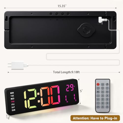 16" Large Digital Wall Clock with RGB LED Display & Remote for Classroom - Image 3