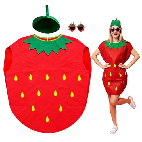 Costume de Fraise Adulte, Ensemble Déguisement Fruit avec Chapeau Robe et Lunettes, Tenue Hilarante Tissu Non Tissé Léger Taille Unique, Costume Créatif pour Halloween Fête à Thème Cosplay Jeu de Rôle