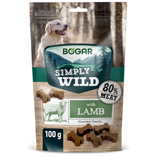 Bogar - Simply Wild - Snack per cani - Cibo per tutte le taglie di cane - Biscotti per cani a forma di osso - Integratori per animali - Gusto agnello - 100g
