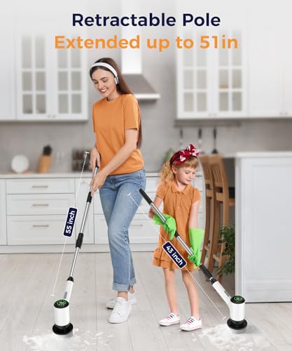 Image of Cordless Electric Spin Scrubber, 6 Brush Heads, Long Handle | Power scrubber, adjustable long handle, IPX7 rated body, lightweight grip, bathroom, kitchen, tile, grout, tub, shower, floor