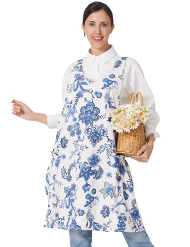 Image of Cozy Adjustable Cross Back Aprons for Women with Pockets Cotton Linen Cooking Kitchen Baking