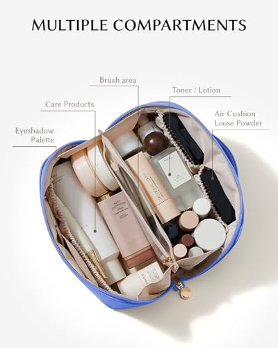 Image of EACHY Travel Makeup Bag, Large Capacity Cosmetic Bag for Women, Waterproof PU Leather, Flat Open Portable Toiletry Bag for Skincare, Brushes & Travel Essentials