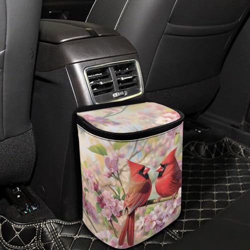 Image of Talayituse Cardinal Cherry Blossom Print Car Trash Bin, Large Size Auto Trash Can Adjustable Portable Garbage Can with Lid, Vehicle Hanging Bag for Headrest Front Back Seat