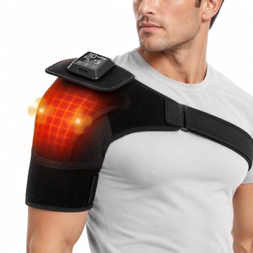 Cordless Shoulder Heating Pad with Vibration Massage 4000mAh Rechargeable Heated Shoulder Brace with 6 Heat 6 Vibration Modes 6 Timers Adjustable Heat Wrap for Shoulder Rotator Cuff