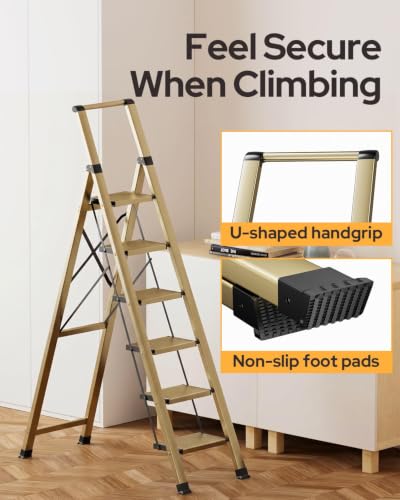 Image of 6 Step Ladder for 12 Feet High Ceiling, Lightweight Aluminum Folding Step Stool with Convenient Handgrip, Stepladders with Anti-Slip and Wide Pedal for Home Use Space Saving - Gold