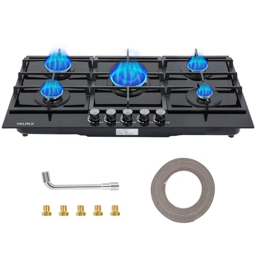 Placa de Gas 5 Fuegos, Placa de Cocción Empotrada, NG/LPG convertible, Encendido Eléctrico, Sistema Seguridad, Parrilla Hierro Fundido