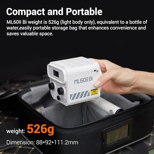 Image of Godox ML60IIBi Bi-Color LED Video Light,70W Portable COB Continuous Output Lighting 2800K-6500K CRI 96+ /TLCI 97+,11 FX Effects, APP Control Ultra-Quiet Handheld LED Light with AK-B01 Battery Base