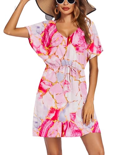 Image of Ekouaer Womens Swimsuit Coverup Short Sleeve Beach Cover Up Dress V Neck Bikini Beachwear