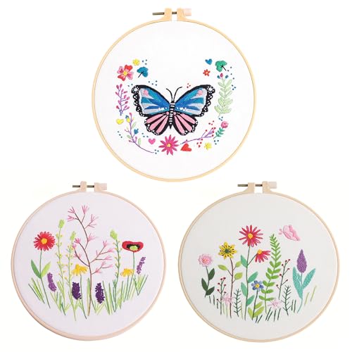 Kit de broderie adultes débutant avec motif pré-imprimé papillons et fils de couleur
