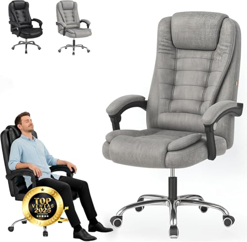 EveryKip Silla de Oficina Profesional con Respaldo Alto – Sillón Acolchado y Reclinable Cojín Lumbar, Altura Ajustable y Ruedas Silenciosas para Estudiar o Trabajar en Oficina Casa Escritorio (Gris)
