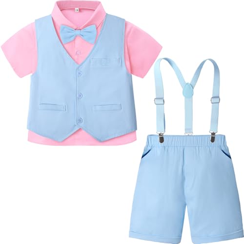 Image of A&J DESIGN Toddler Easter Outfit Boy Wedding Pink Summer Formal Gentleman Dress Suit Shorts Set Suspender with Vest and Bow Tie Blue 12-18 Months