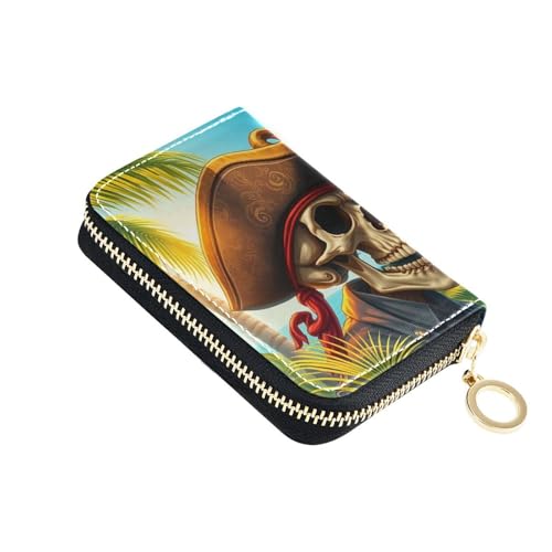 Small RFID Credit Card Holder Wallet with Zipper, Leather Wallet Case for Women Skull