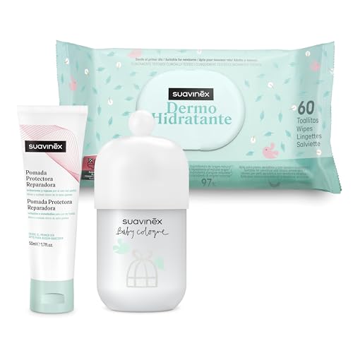 Suavinex, Kit Aseo Bebé con: Colonia para Bebés Baby Cologne 100 ml + Pomada Pañal 50 ml + Pack Toallitas Dermohidratantes 60 uds. Para llevar de Paseo, en el Neceser, de Viaje o a la Escuela Infantil