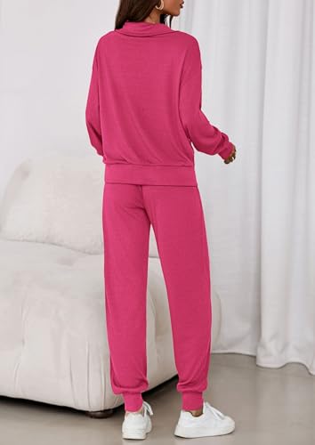 Image of PRETTYGARDEN Women 2 Piece Ribbed Knit Matching Lounge Sets | Comfy Sweat Track Suits, Athleisure Casual Outfit, Half Zip Sweatshirt & Jogger Pants, Fall Winter Clothes for Airport Travel