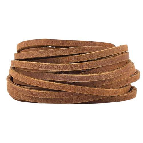 GORGECRAFT Tiras de Cuero Crazy Horse de 5 m X 4mm Cordón Plano de Cuero Genuino de 2mm de Grosor Cuerda Trenzada de Cuero de Vaca para Collares Pulseras Llaveros Y Manualidades. Vara de Oro Oscuro