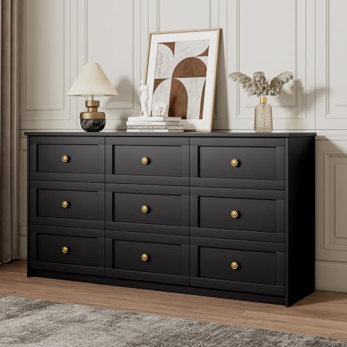 Image of HOUROM Black Dresser, 59" Modern 9 Drawer Double Dresser for Bedroom with Black Knobs, Adults & Kids Wide Dressers & Chests of Drawers for Hallway, Entryway