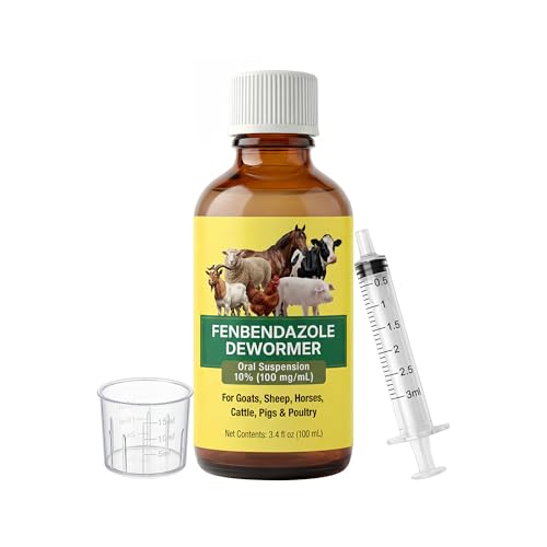 Fenbendazole 10% Oral Suspension Dewormer 100 mg/mL Liquid Wormer for Goats Sheep Horses Cattle Pigs & Poultry 3.4 fl oz with Measuring Cup & Oral Syringe