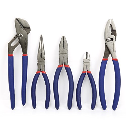 WORKPRO 5-piece Pliers Set (10-Inch Slip Joint, 8-Inch Linesman, 8-Inch Long Nose, 6-Inch Diagonal, 10-Inch Groove Joint) for Basic Home Use