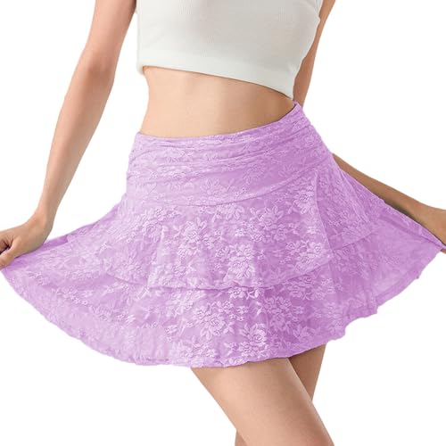 Women Mini Skirts Floral Lace Slip Skirt Low Waist Ruffle Layered Pleated Skirts Y2k Tiered Short Skirt2