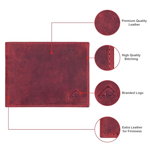 ASAD Leather Bifold Wallets For Men With 2 Note Compartment, 6 Card Slots, 2 Slip Pocket & 1 ID Slot, Leather Bifold Wallets For Men, Color - Crazy Horse Bordo3