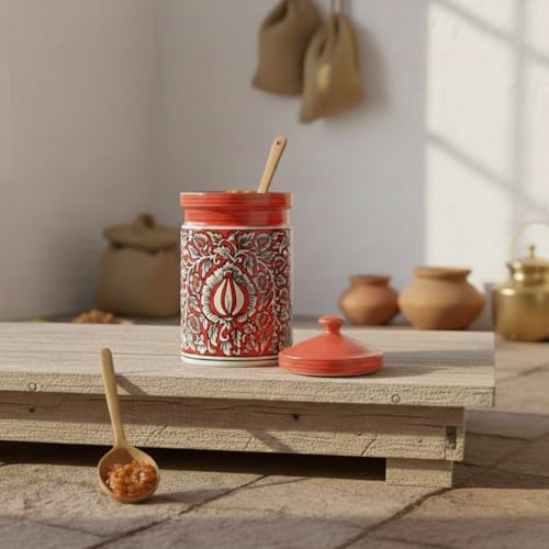 Image of Caffeine Ceramic Stonwear Handmade Red Mughal Barni /Pickle Jar (Set of 3)
