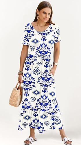 Image of AUSELILY Womens Summer Dresses 2025 Short Sleeve Maxi Dress Crewneck Casual Sundresses with Pockets