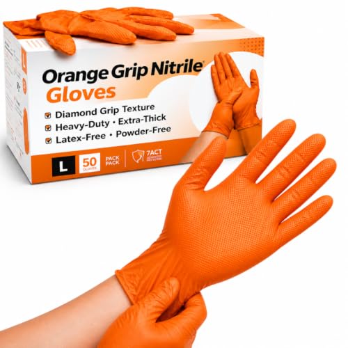 50 Orange Nitrile Work Gloves Large Heavy-Duty Extra-Thick Diamond Grip Grip Non-Slip Latex-Free Powder-Free Mechanics & Automotive Use (Orange Large - 50 Gloves)