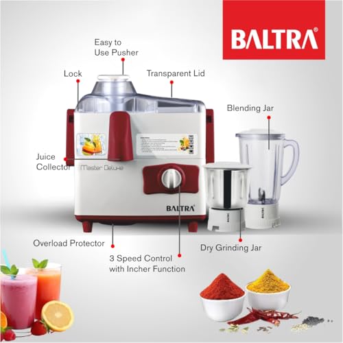 Image of BALTRA Master Deluxe 500W Juicer Mixer Grinder | 2 Jars (1.5L & 1L) | 3-Speed Control | SS Blades | Large Pulp Collector | Ideal for Fruits & Juices | 2-Year Warranty | Compact & Powerful