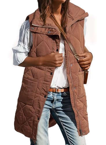 Dokotoo Long Coffee Puffer Vest Women Warm Padded Gilet Casual Zip-Up Pocketed Sleeveless Outerwear Jacket Winter Coats for Women Quilted Vest 2025 Fashion Medium