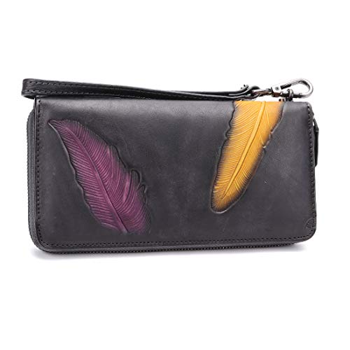 Women's Wallet Genuine Leather Zip Around Wristlet Long Purse Vintage Embossing Cowhide Capacity Handmade Clutch(Darkgrey)2