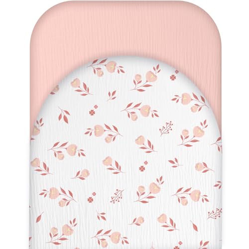 Image of Muslin Bassinet Sheets for Baby Girl - Extra Soft 100% Cotton Bassinet Sheets Fitted for Oval Rectangle Hourglass Mattress, 2 Pack(Pink&Floral)