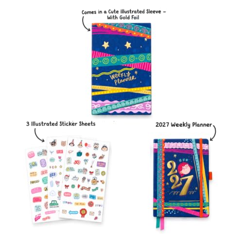 Image of Alicia Souza 2027 Weekly Planner - Dated 52-Week Hardcover Productivity Diary with Monthly Calendar, Habit Tracker, 3 Sticker Sheets, Elastic Closure & Pen Loop, Compact 18.6 x 12.5 cm