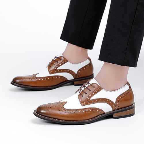 Men's Genuine Leather Brogue Shoes, British Black and White Wingtip Derby Dress Shoes4